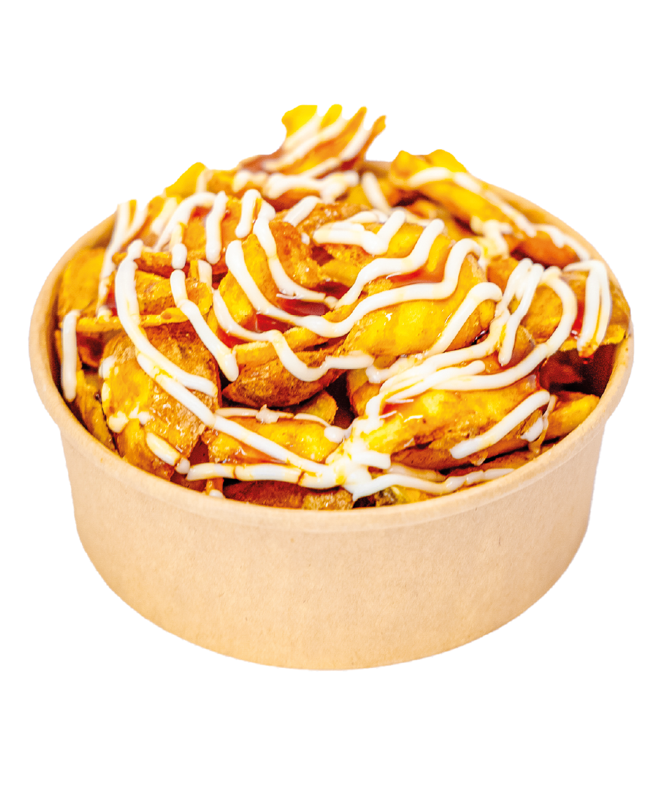 Patate Special Sciaff con crema al Parmigiano e salsa teriyaki, servite in vaschetta da street food.